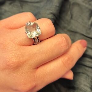 Lia Sophia Fashion Ring - large aqua stone with white side stones. Silver band